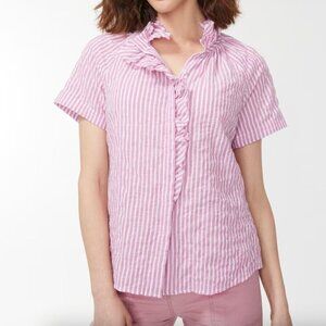 Chico's High Neck Stripe Shirt Pink & White with Ruffles Short Sleeve